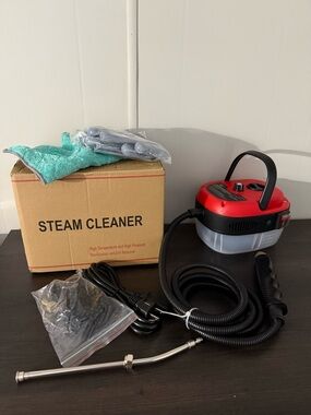 Red Portable Steam Cleaner with Handle and Accessories